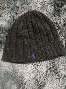 Polo by Ralph Lauren Men’s Dark Gray Rib Knit Beanie with Purple Logo